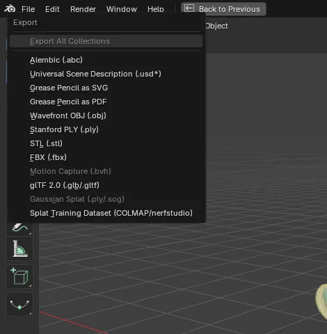 Blender's File menu opened at Export, with Splat Training Dataset (COLMAP/nerfstudio) in the list.