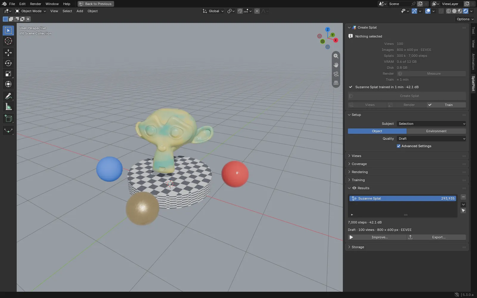 Blender with a trained Gaussian splat in the 3D viewport and the SplatPilot tab open in the sidebar.