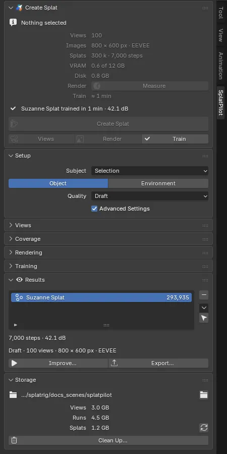 The Storage panel: the storage folder's path with the Open Storage Folder button, the Views, Runs and Splats rows with their sizes and a refresh button, and the Clean Up… button.