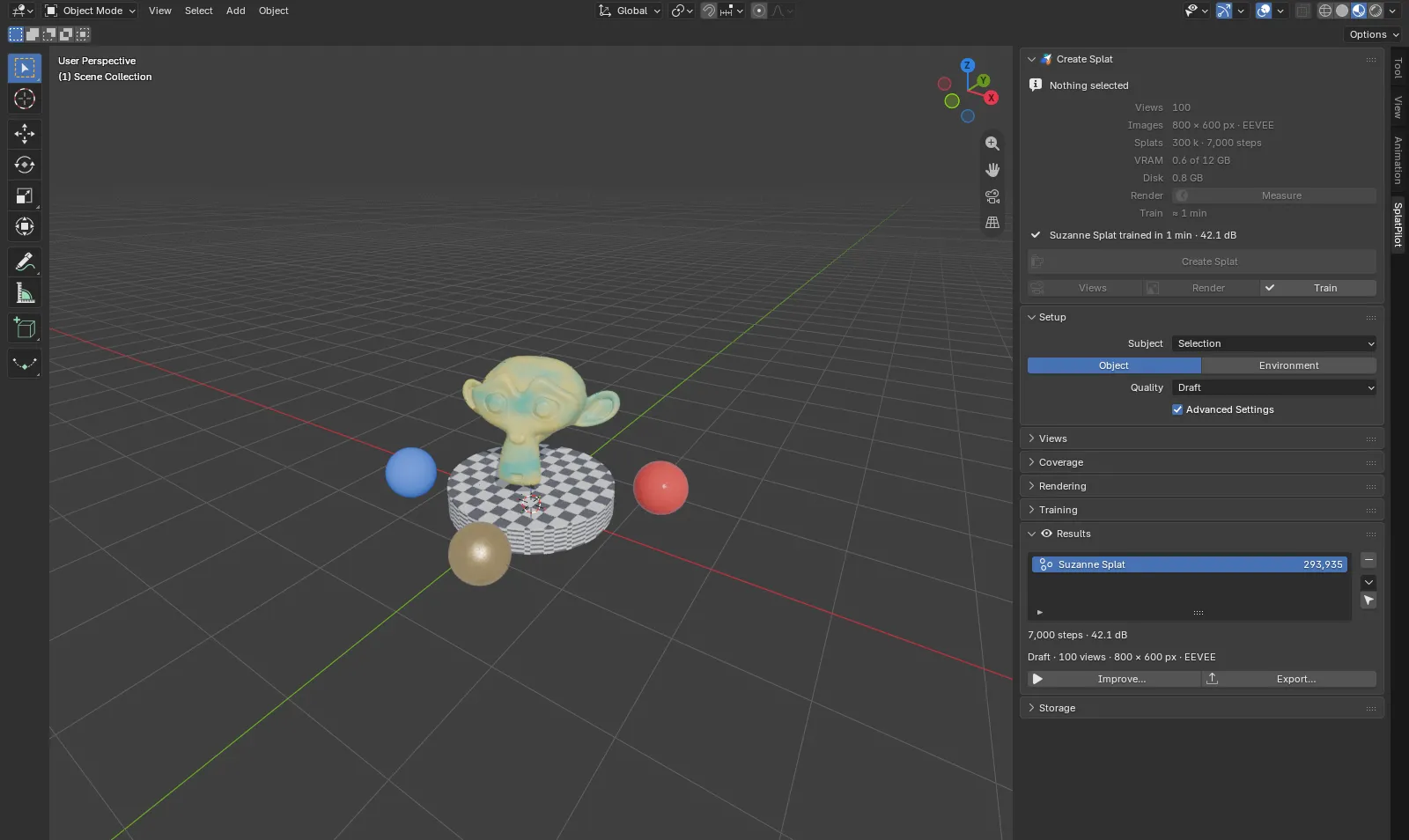 A finished splat in the viewport and the Results panel listing it with its splat count, steps and score.