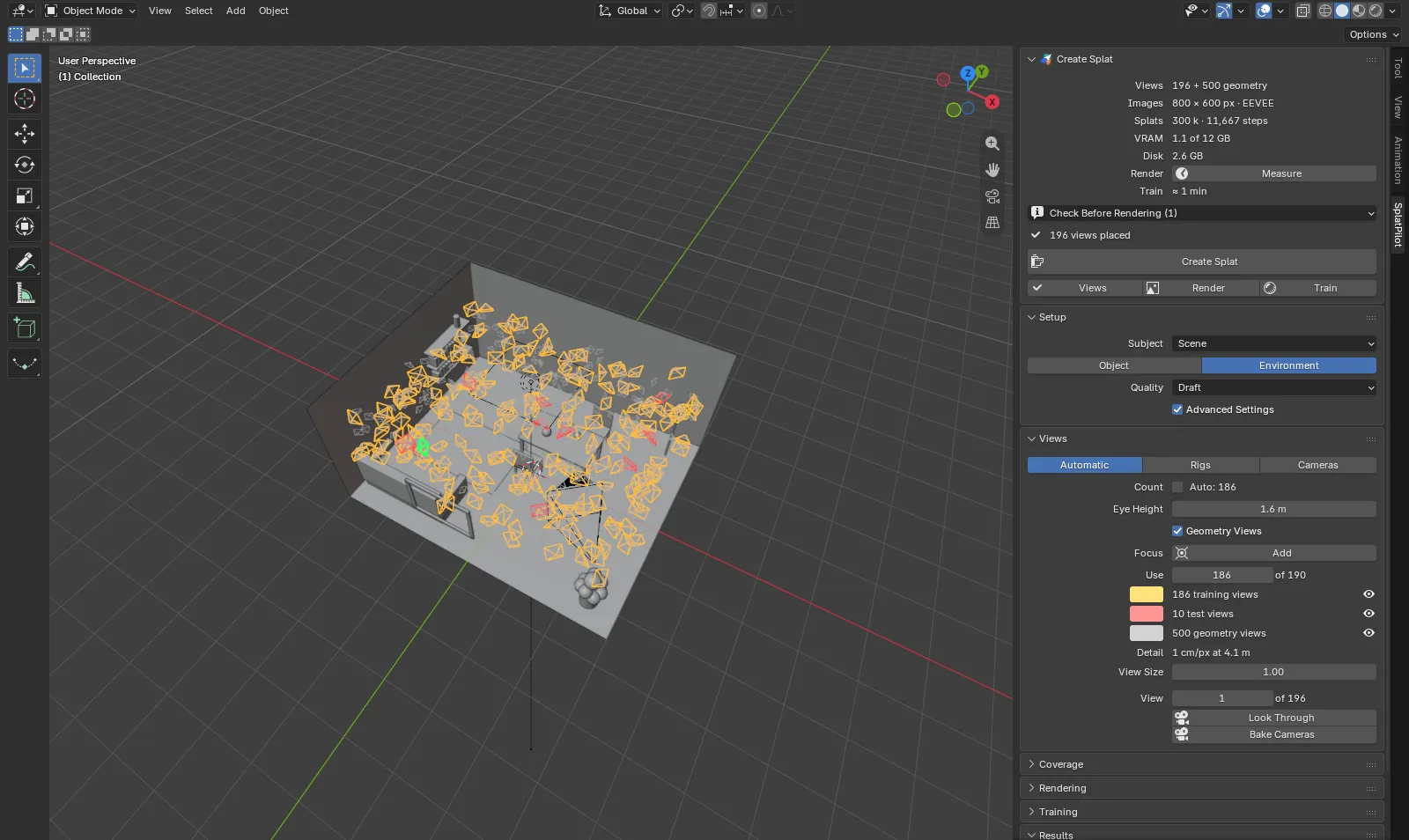 A room in the Blender viewport with training views in amber, test views in red and geometry views in grey, and their counts in SplatPilot's Views panel.